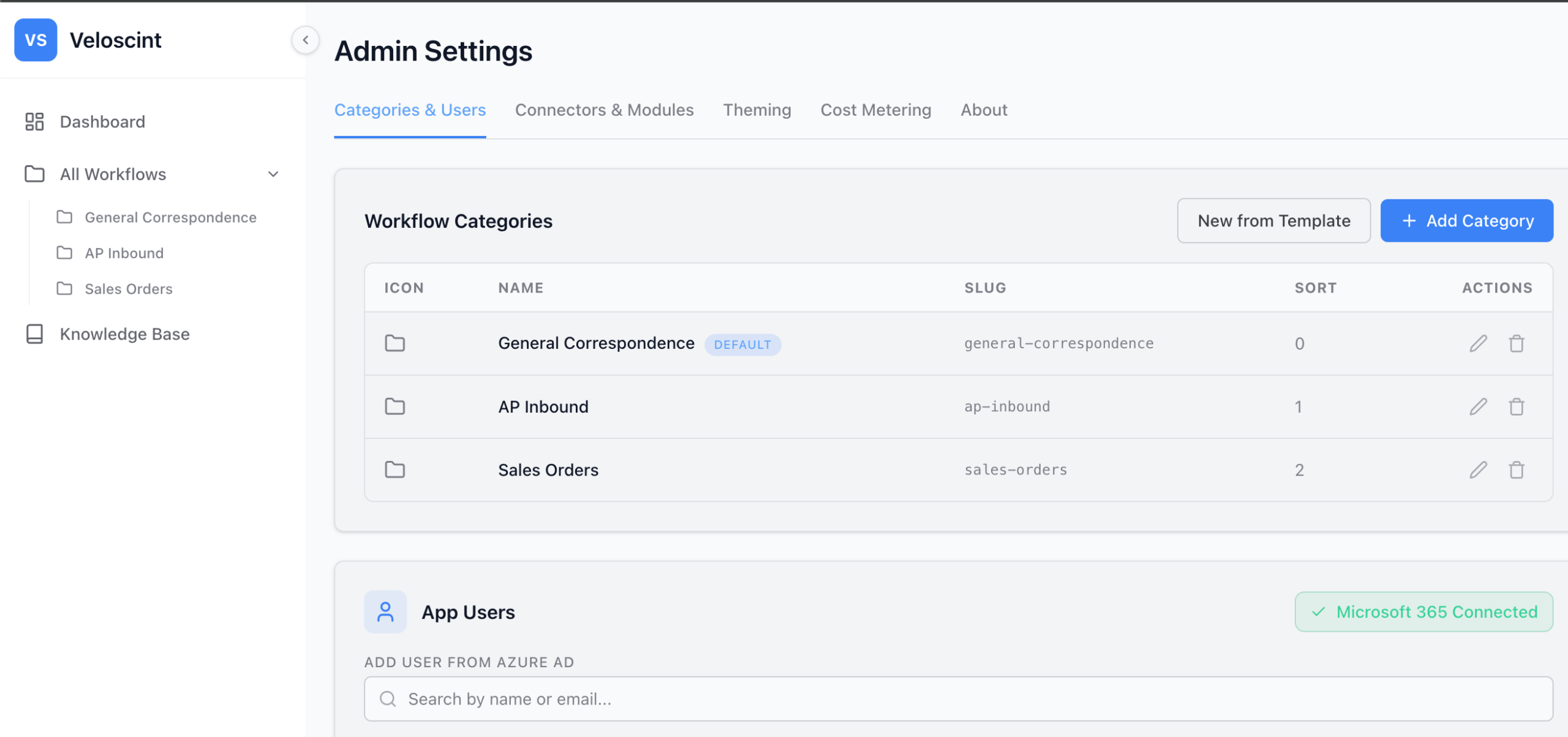 Admin settings — workflow categories, user management, and Microsoft 365 connection