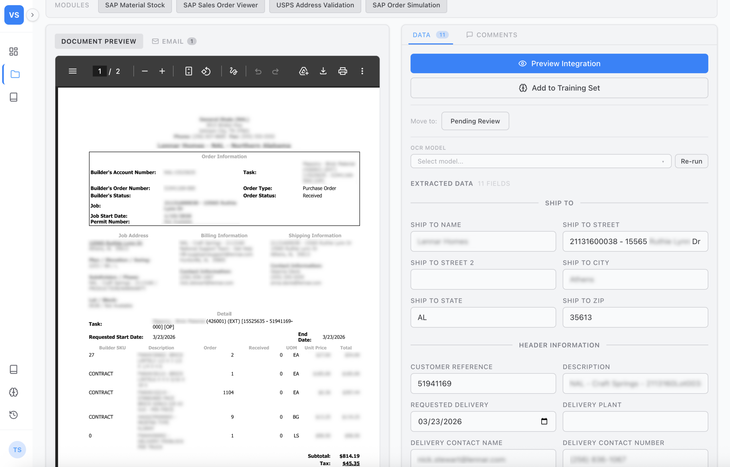 Document verification — original document alongside extracted data and ERP modules