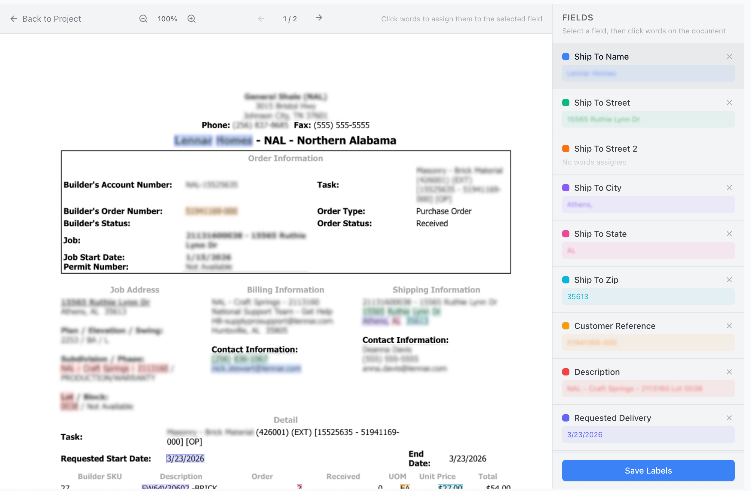 Custom model training — click words in the document to assign them to labeled fields