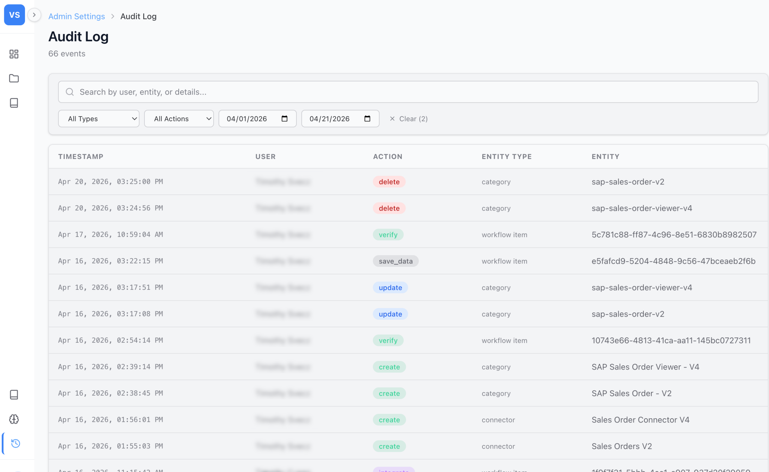 Audit log — searchable event history with timestamps, users, actions, and entities