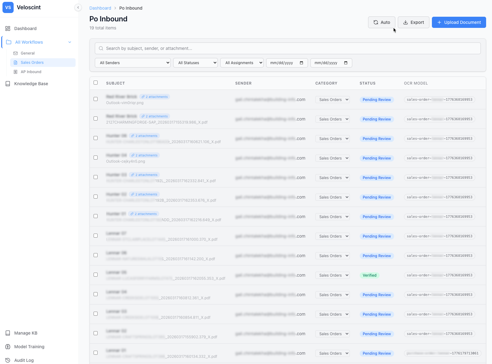 PO Inbound work queue — subject, sender, category, status, and OCR model